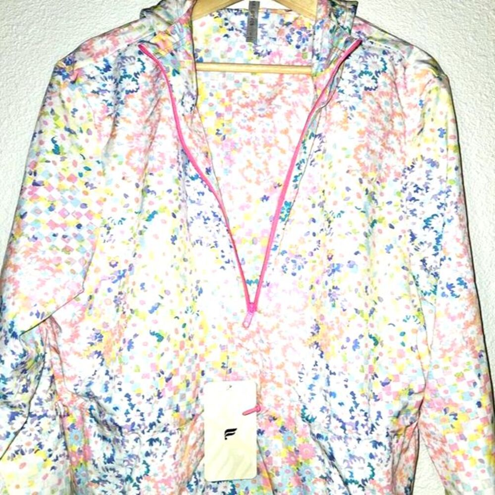 FABLETICS Windbreaker Jacket Hooded Zipper White/Pink Floral Women Large NEW NWT - Picture 8 of 9